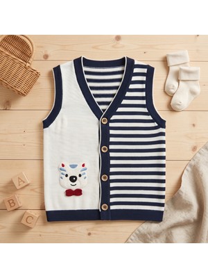 Deniva Unisex Bebek & Çocuk Çizgili Ayıcık Nakışlı Düğmeli Triko Yelek Süveter