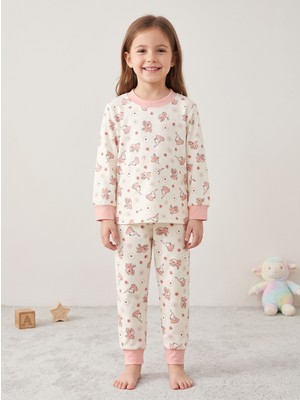 Deniva Kız Çocuk Pembe Sevimli Hayvan Desenli %100 Pamuklu Ribanalı Uzun Kollu Pijama Takımı