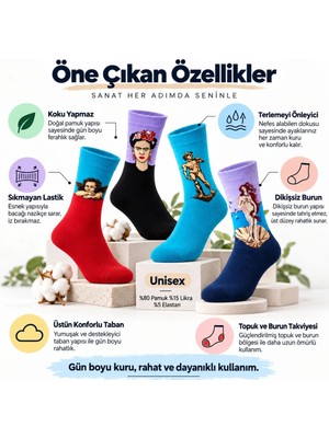 Çoraplar Burada Unisex Çorap Sanat Temalı Renkli 7'li Set Portre Tablo Desenli Uzun Soket Günlük Eğlenceli Çorap Şık