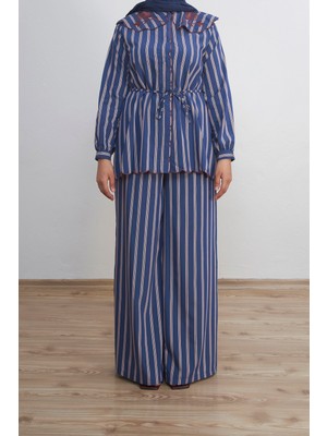 Beyruha Collection Nakış Detaylı Çizgili Poplin Gömlek Takım