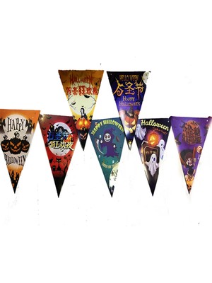 Pileli Store Lüks Baskılı Üçgen Model Halloween Banner Süs Bayrak 8 Li (4887)