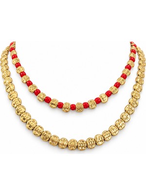 Sizu Accessory Kırmızı ve Gold Tonlu Boncuklu Altın Kaplama Kararmaz 2’li Kolye Seti