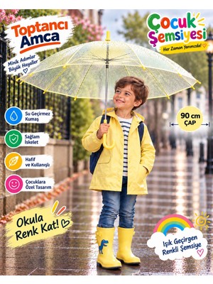 Toptancı Amca Çocuk Şemsiyesi 90 cm Renkli Şeffaf 8 Telli Işık Geçiren Yağmur Şemsiyesi