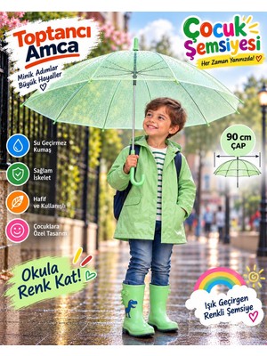 Toptancı Amca Çocuk Şemsiyesi 90 cm Renkli Şeffaf 8 Telli Işık Geçiren Yağmur Şemsiyesi