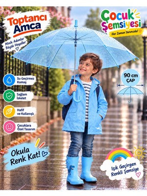Toptancı Amca Çocuk Şemsiyesi 90 cm Renkli Şeffaf 8 Telli Işık Geçiren Yağmur Şemsiyesi