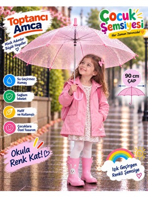 Toptancı Amca Çocuk Şemsiyesi 90 cm Renkli Şeffaf 8 Telli Işık Geçiren Yağmur Şemsiyesi