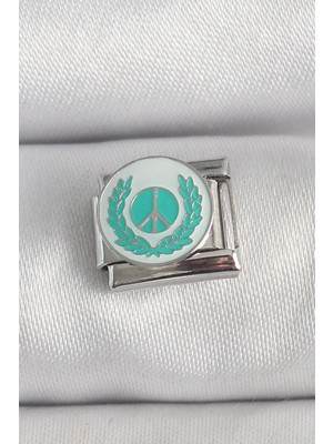 Salmore Mey Ithalat® 316L Çelik Gümüş Renk Beyaz Mavi Barış Işareti Işlemeli Nomination Charm