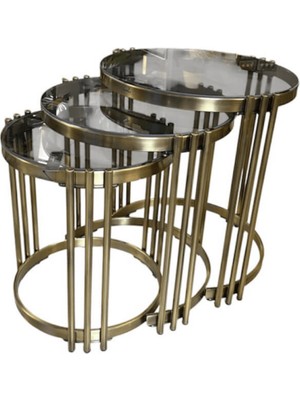 Dizaynomi Modern Antik Eskitme Gold Yuvarlak 3’lü Zigon Sehpa Seti - Şeffaf Cam Tablalı Metal Sehpa