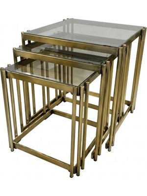 Dizaynomi Modern Antik Eskitme Gold 3’lü Zigon Sehpa Seti - Füme Cam Tablalı Metal Sehpa