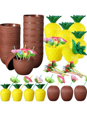 Salmore Mey Ithalat® Ananas&hindistan Cevizi Tasarımlı Pipetli Bardak Seti (6 Adet)