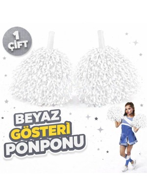 Pileli Store 1 Çift ( 2 Adet ) Beyaz Renk 23 Nisan 19 Mayıs 29 Ekim Okul Gösteri Ponponları Ekstra Dolgun (4887)
