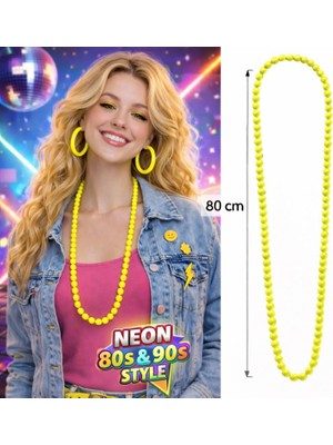 Pileli Store Neon Sarı Boncuk Kolye 80 cm – Retro 80’ler 90’lar Parti Aksesuarı (4887)
