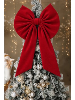 Beige & Stone Noel Ağacı Süsü Kırmızı Fiyonk 60x100 cm Büyük Dekoratif Kurdele
