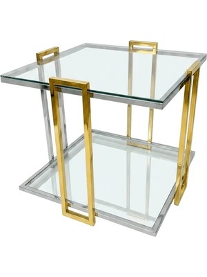 Dizaynomi Lüks ve Modern Kare Cam Krom Gold Renk Kaplama  Orta Sehpa