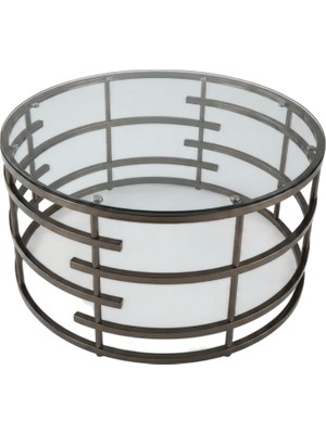 Dizaynomi Modern Yuvarlak Metal Orta Sehpa - Şeffaf Cam Tablalı Antrasit Krom Sehpa