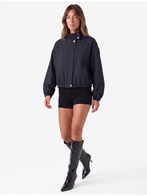 Koton Çizgili Dik Yaka Uzun Kollu Fermuarlı Oversize Bomber Ceket