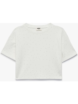 Koton Taşlı Viskon Karışımlı Bisiklet Yaka Kısa Kollu Crop Bluz