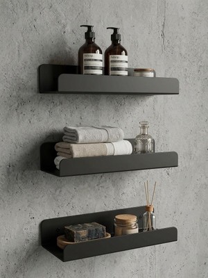 Eyzo Home 3'lü Metal Duvar Rafı Seti Modern Banyo ve Mutfak Düzenleyici Baharatlık Şampuanlık Rafı Mat Siyah 30 cm
