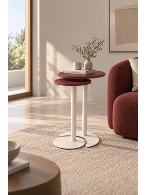 Voi Design Trio 2'li Zigon Sehpa Takımı - Iç Içe Geçen Yuvarlak Yan ve Zigon Sehpa, Kiremit Üst Tabla Beyaz Metal Ayak