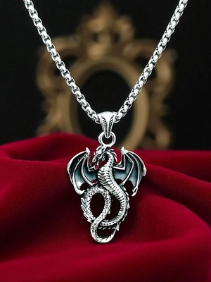 Ak Store Silver Erkek, Uçan Ejderha Dragon Figürlü K-111 Paslanmaz Kromix Çelik Gümüş Kaplama Kolye Madalyon
