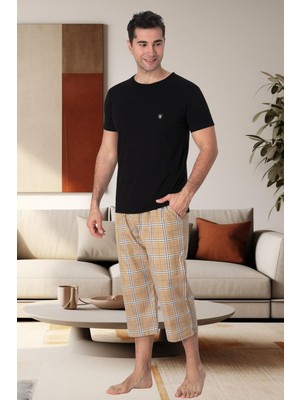 Mecit 2912 Siyah Ekoseli Erkek Büyük Beden Capri Pijama Takımı