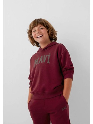 Mavi Logo Baskılı Kapüşonlu Bordo Erkek Çocuk Sweatshirt 6S10143-70394
