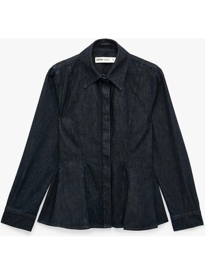Koton Pamuklu Uzun Kollu Klasik Yaka Düğmeli Peplum Denim Gömlek