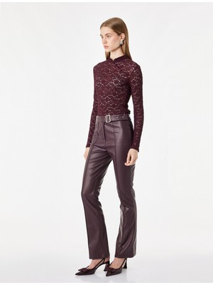Koton Slim Fit Uzun Kollu Düğmeli Dik Qipao Yaka Transparan Dantel Tişört
