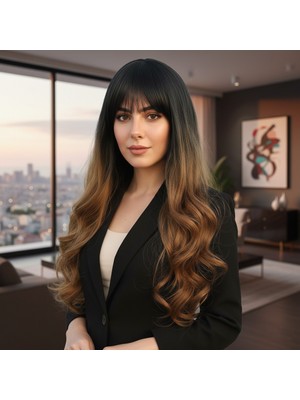 Kahveci Elektronik Store Kahküllü Uzun Dalgalı Fiber Sentetik Peruk - Siyah / Karamel Ombreli