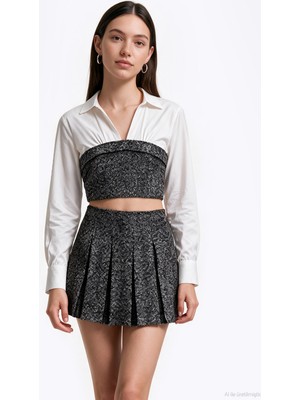 Quzu Büstiyer Garnili Crop Gömlek Bluz Antrasit
