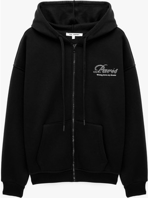 Koton Arkası Işlemeli Taşlı Pamuklu Kapüşonlu Fermuarlı Kanguru Cepli Sweatshirt