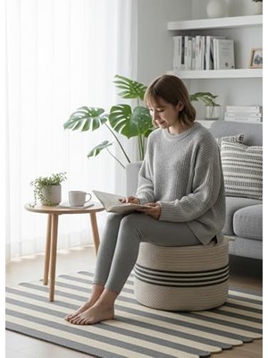 Kazan Hobi Natureline Jüt Puf Salon Pufu Antre Puf Makyaj Masası ve Yatak Odası Banyo Puf Teras Veranda ve Balkon Uyumlu Hasır Dekoratif Dayanıklı ve Çok Amaçlı Puff (Gri-Antrasit Şerit)