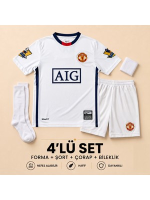 Yensa Manchester United Ronaldo 7 Beyaz Çocuk Futbol Forması 4'lü Set Forma - Şort - Çorap - Bileklik