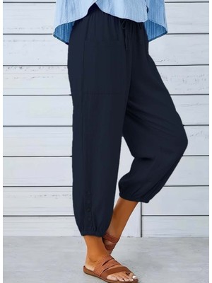 TeknoKapsül Kadın Beli Lastikli Bağcıklı Düğme Detaylı Pantolon - Lacivert / 2xl-3xl