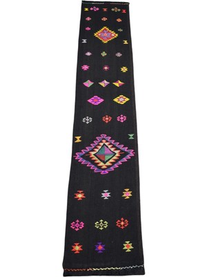 Zehra Abla Halı Yeni El Dokuması Siyah Bardız Erzurum Mini Yolluk Yün Kilim 7461