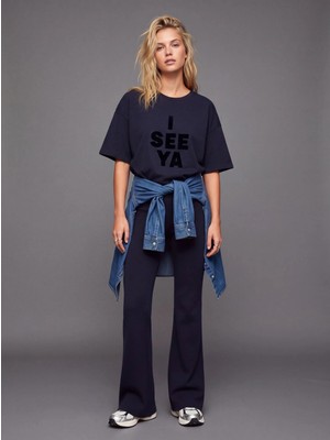 LTB Relaxed Fit Kadife Yazı Baskılı Lacivert T-Shırt