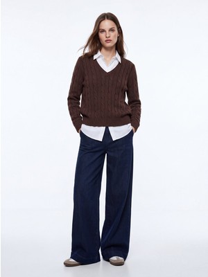 LTB Slim Fit V Yaka Triko Kahverengi Kazak