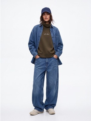 LTB Relaxed Fit Boğazlı Yaka Minimal Baskılı Yeşil Sweatshırt