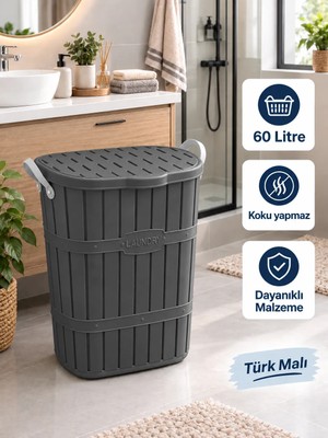 Violet Plastik Bambu Kirli Çamaşır Sepeti 50-99 L Kapasite Antrasit Renk ve Dayanıklı Malzeme