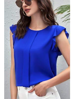 Dreamlike Kadın Bluz Saks Renk Yuvarlak Yaka Fırfırlı Kısa Kol Polyester Düğme Kapamalı