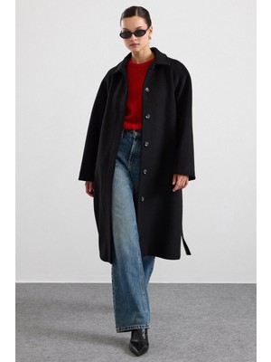 Olcay Gömlek Yaka Oversize Ara Boy Kaban Siyah 3194