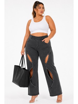 Zanessi Denim Taş Işlemeli Lastikli Dekolteli Geniş Paça Kadın Pantolon