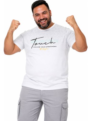 Annex Büyük Beden Sıfır Yaka Cizgili Baskılı Erkek Battal Tshirt