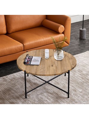 Weblonya Yuvarlak Orta Sehpa Antik Çam Renk Suntalam Üst Yüzeyli Metal Ayaklı 65 cm 5184