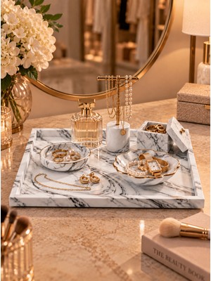 Betonmall Mermer Desenli Dekoratif Takı Kozmetik Düzenleyici Çok Amaçlı Organizer Tepsisi 15X25 cm