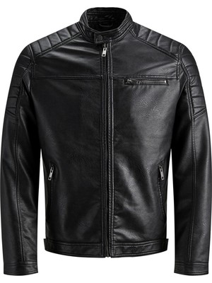Jack & Jones Erkek Deri Ceket Jcorocky 12147218 Koyu Siyah Süper Yumuşak Motorcu Detayları