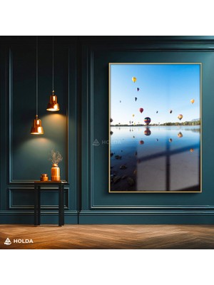 Holda Props Altın Renk Çerçeveli Cam Tablo Sıcak Hava Balonları Manzara Tablosu Duvar Dekorasyonu