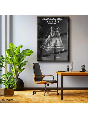 Holda Props Altın Renk Çerçeveli Cam Tablo Yelkenli Gemisi Patent Çizim Tablosu Duvar Dekorasyonu