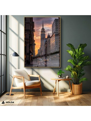 Holda Props Altın Renk Çerçeveli Cam Tablo New York Empire State Şehir Mimari Tablo Duvar Dekorasyonu