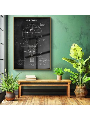 Holda Props Altın Renk Çerçeveli Cam Tablo Sıcak Hava Balonu Patent Teknik Çizim Tablosu Duvar Dekorasyonu